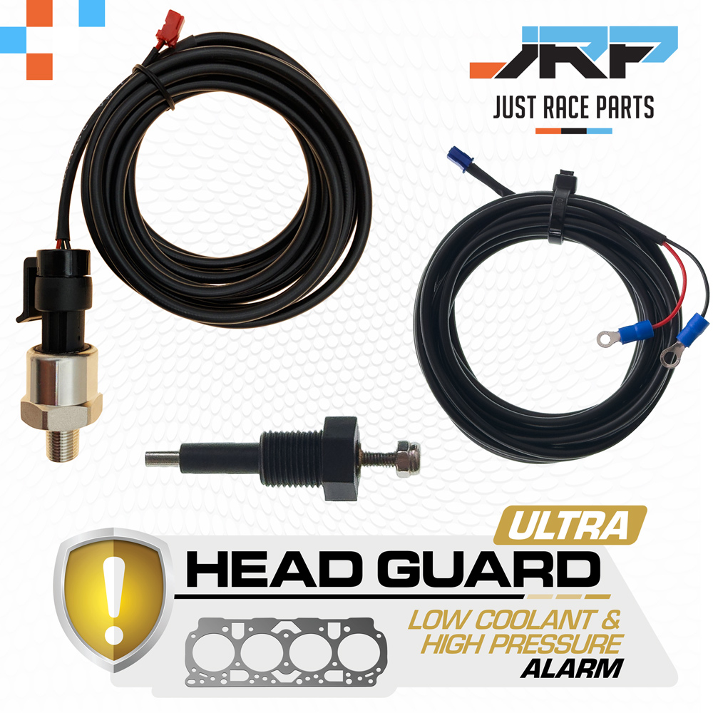 Image shows the sensors and cables included with the head guard ultra addon pack for the JRP 14in1 v2.6 gauges.