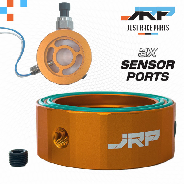 Image of our JRP universal oil filter sandwich plate adapter, shows the three 1/8 bsp ports.