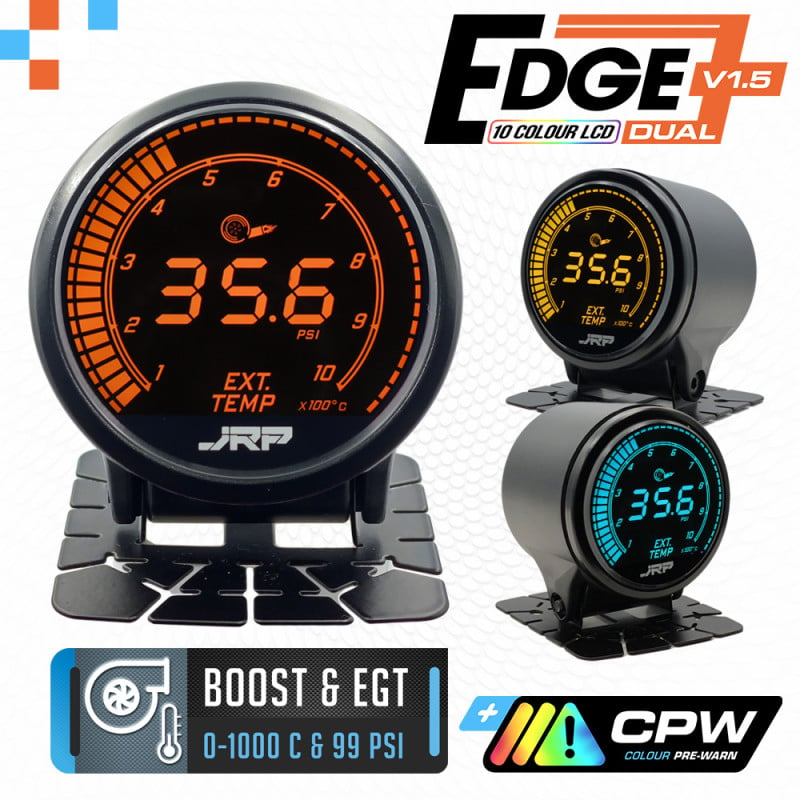 The JRP Edge dual 52mm digital EGT + Boost gauge kit, selectable LCD colour examples & included accessories. Used on Turbo Diesel 4x4 vehicles.