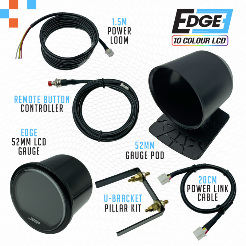 The JRP edge 52mm digital boost gauge kit 30 psi, LCD colour examples & included accessories. Used on Turbo & Supercharged vehicles.