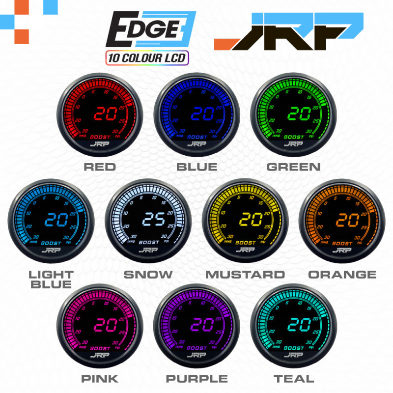 The JRP edge 52mm digital boost gauge kit 30 psi, LCD colour examples & included accessories. Used on Turbo & Supercharged vehicles.