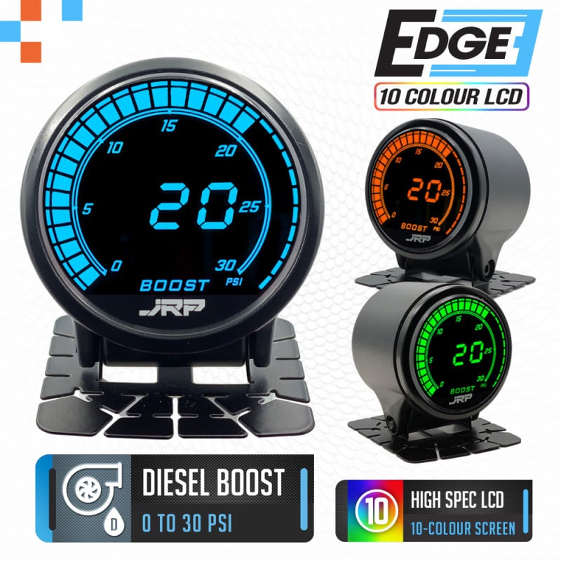 The JRP edge 52mm digital diesel boost gauge kit 0 to 30 psi, LCD colour examples & included accessories. Used on Diesel 4x4 Turbo vehicles.