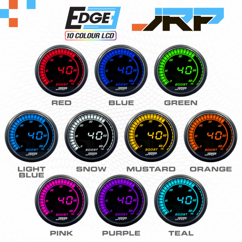 The JRP edge 52mm digital diesel boost gauge kit 0-60 psi, LCD colour examples & included accessories. High boost turbo Diesel 4x4 vehicles.
