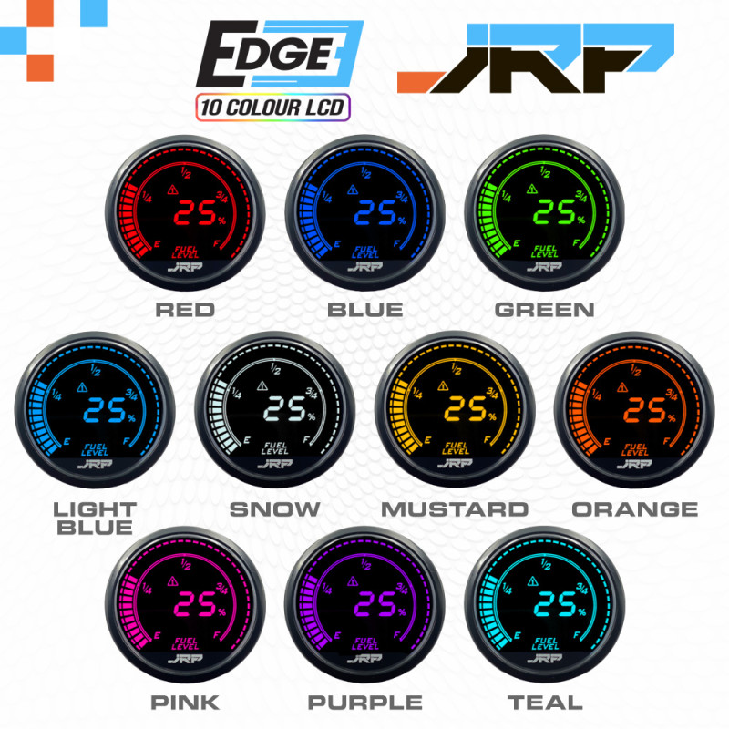 The JRP Edge 52mm fuel level gauge, range of 0% to 100%, 10-colour LCD screen & included accessories.
