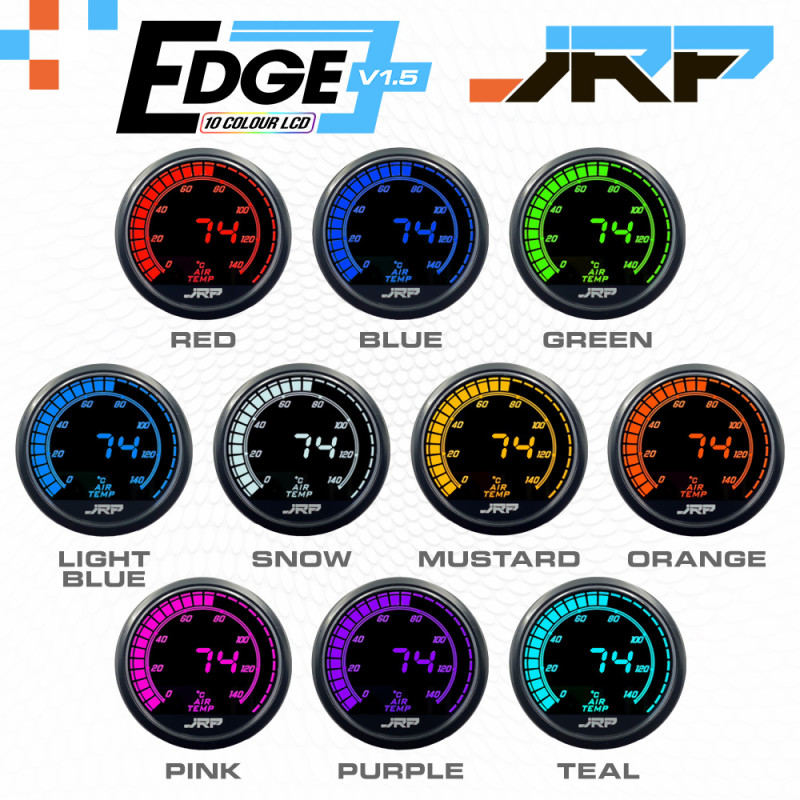 The JRP edge 52mm digital IAT intercooler air temp gauge kit, LCD colour examples & included accessories. Used on Petrol & Diesel 4x4 Turbo vehicles.