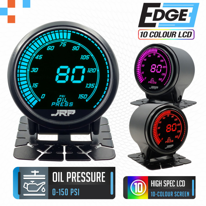 JRP Edge 52mm digital oil pressure gauge kit with 0 to 150 psi readout, lcd screens colour examples & included accessories.