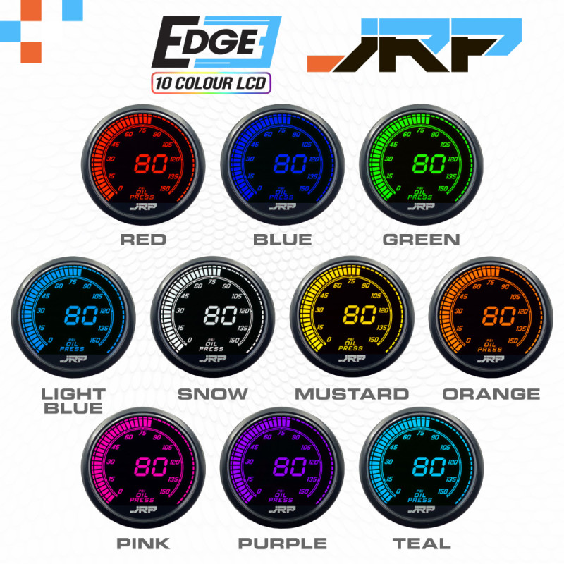JRP Edge 52mm digital oil pressure gauge kit with 0 to 150 psi readout, lcd screens colour examples & included accessories.