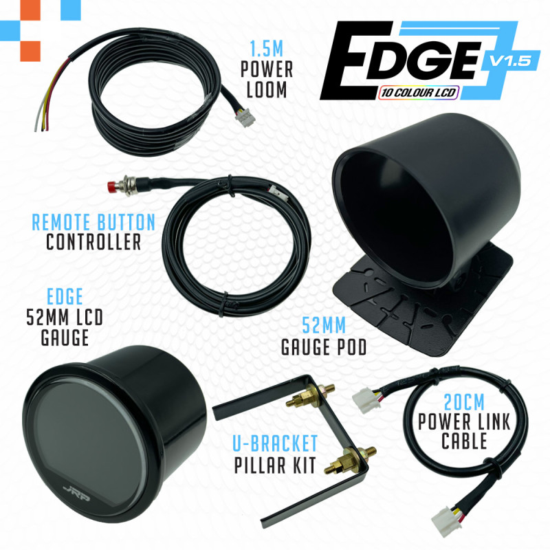 The JRP edge 52mm digital oil temp gauge kit with 0-150c readout, lcd colour examples & included accessories.