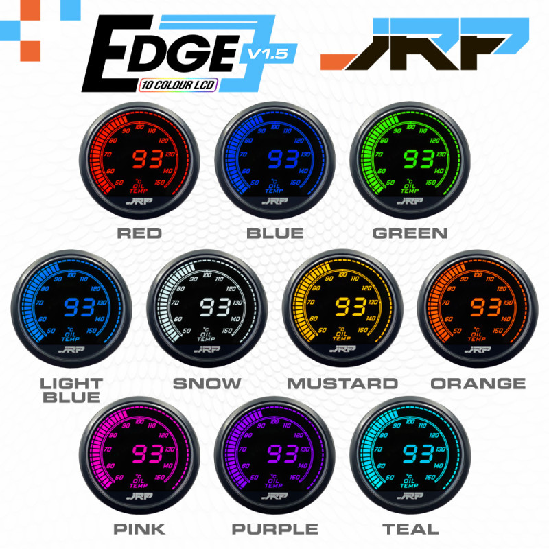 The JRP edge 52mm digital oil temp gauge kit with 0-150c readout, lcd colour examples & included accessories.