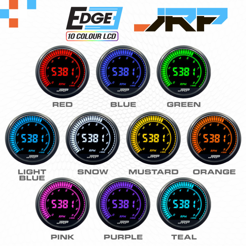The JRP Edge 52mm 9000 RPM digital tachometer gauge & shift light combo. Examples of the 10-colour LCD screens plus included accessories.