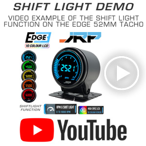 The JRP Edge 52mm 9000 RPM digital tachometer gauge & shift light combo. Examples of the 10-colour LCD screens plus included accessories.