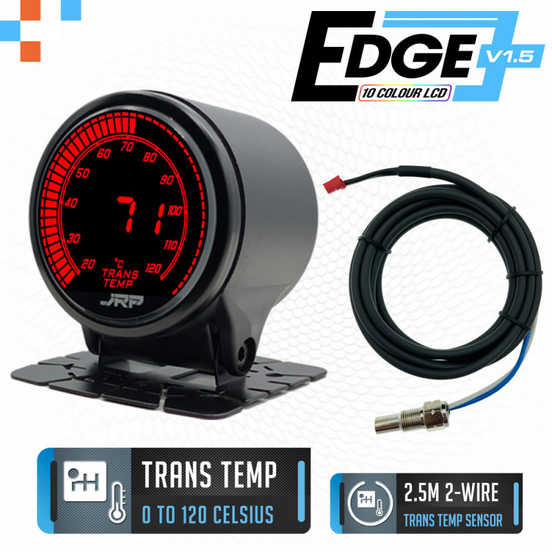 The JRP edge 52mm digital transmission temp gauge kit with 0c to 120c readout, lcd colours examples & included accessories.