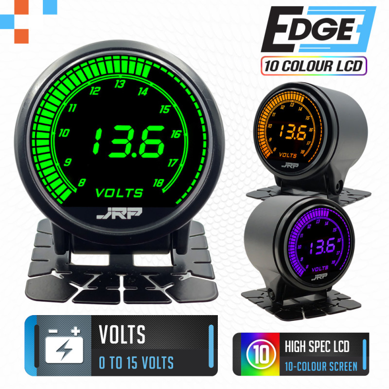 The JRP edge 52mm 12v digital voltmeter gauge, included accessories and LCD colour examples. 