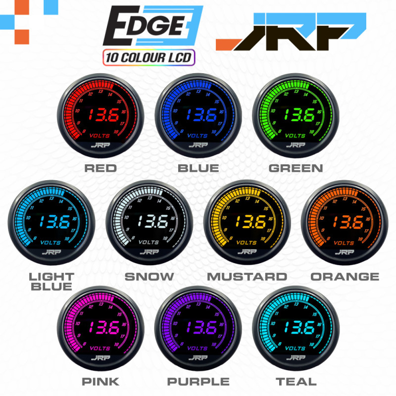 The JRP edge 52mm 12v digital voltmeter gauge, included accessories and LCD colour examples. 