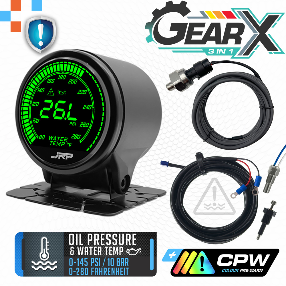These images show the JRP 52mm Oil Pressure & Water Temp Fahrenheit gauge which also includes an engine low coolant alarm system. LCD colour examples & included accessories as well.