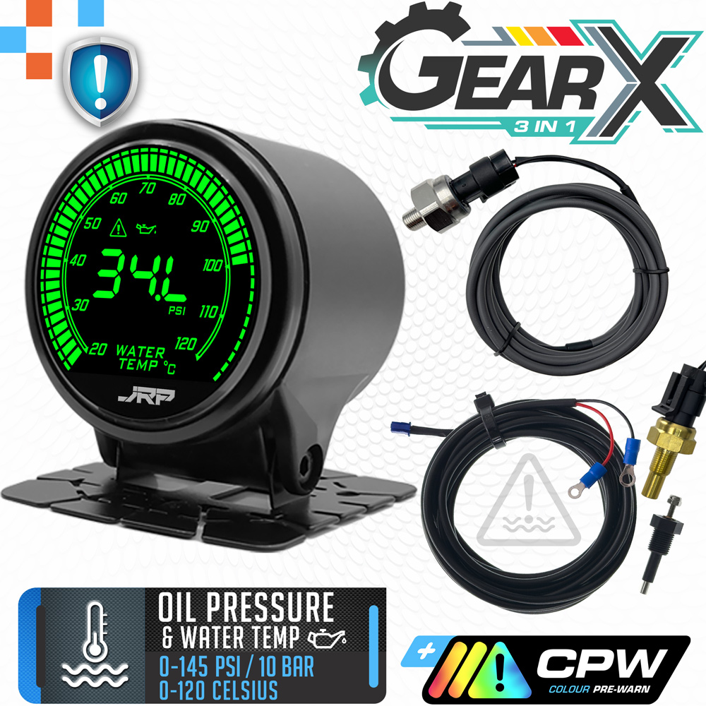 These images show the JRP 52mm Oil Pressure & Water Temp gauge which also includes an engine low coolant alarm system. LCD colour examples & included accessories as well.