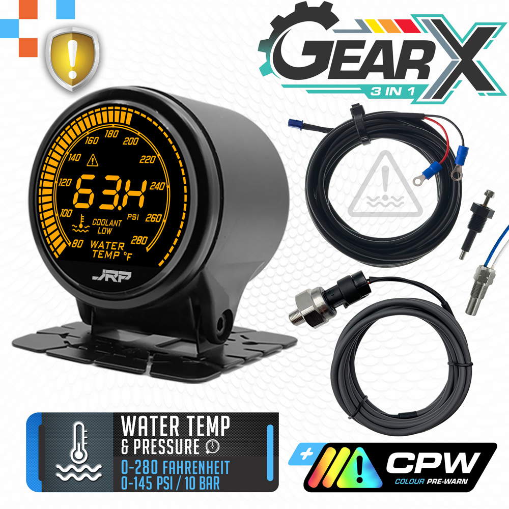 These images show the JRP 52mm Water Pressure & Water Temp Fahrenheit gauge which also includes an engine low coolant alarm system. LCD colour examples & included accessories as well.