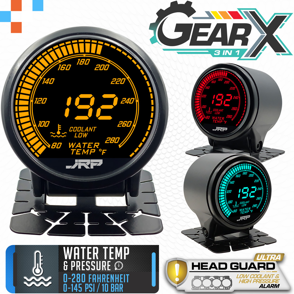 These images show the JRP 52mm Water Pressure & Water Temp Fahrenheit gauge which also includes an engine low coolant alarm system. LCD colour examples & included accessories as well.
