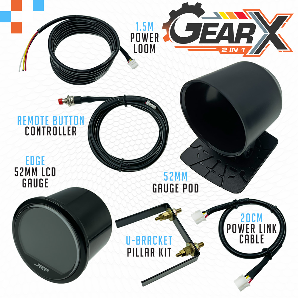 The JRP GearX 52mm digital pyrometer gauge kit fahrenheit, EGT sensor options, LCD colours & included accessories.