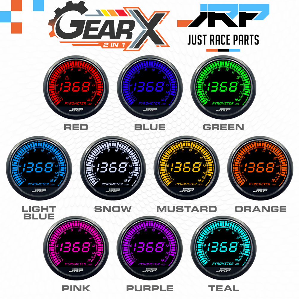 The JRP GearX 52mm digital pyrometer gauge kit fahrenheit, EGT sensor options, LCD colours & included accessories.