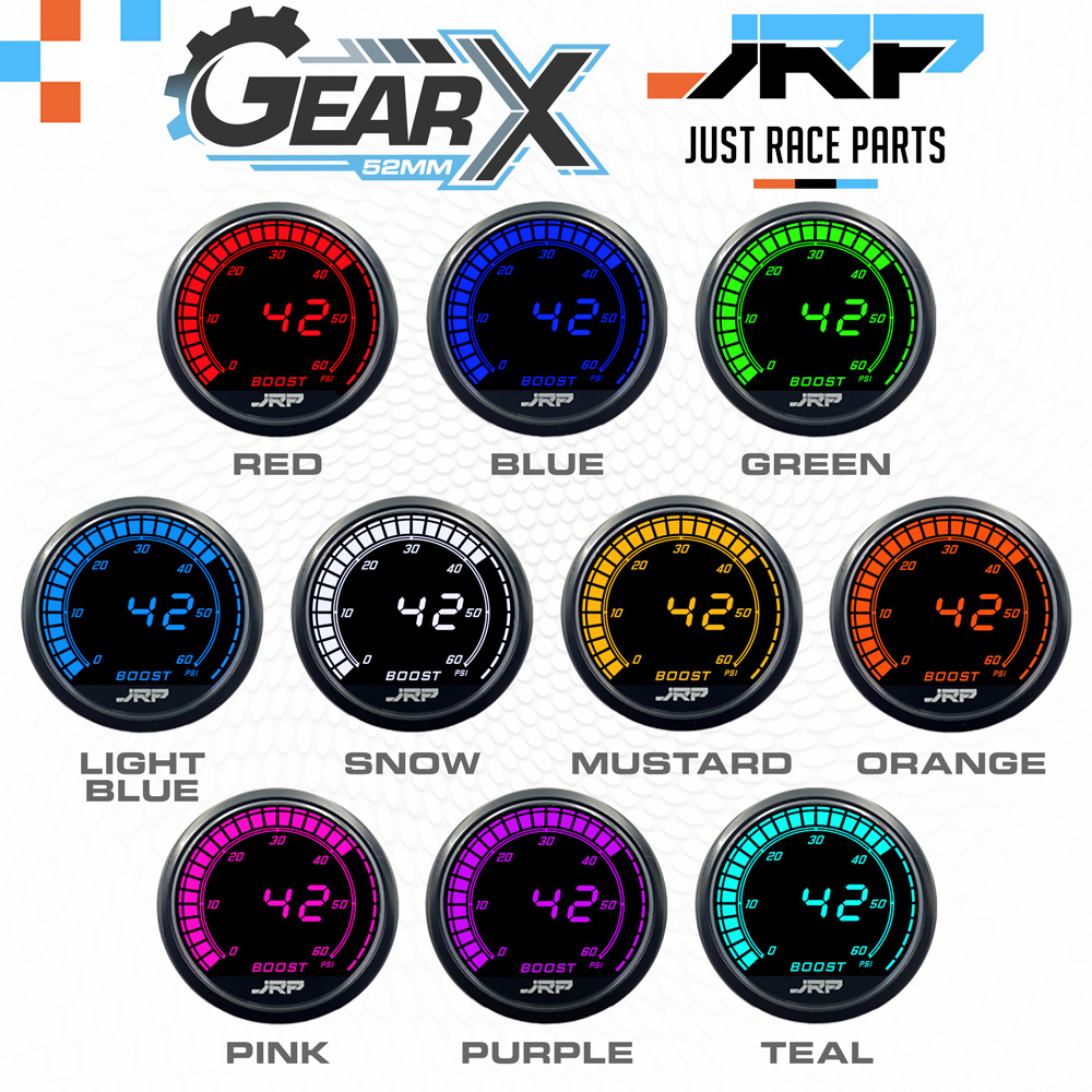 The JRP GearX 52mm digital diesel boost gauge kit 0-60 psi, LCD colour examples & included accessories. High boost turbo Diesel 4x4 vehicles.