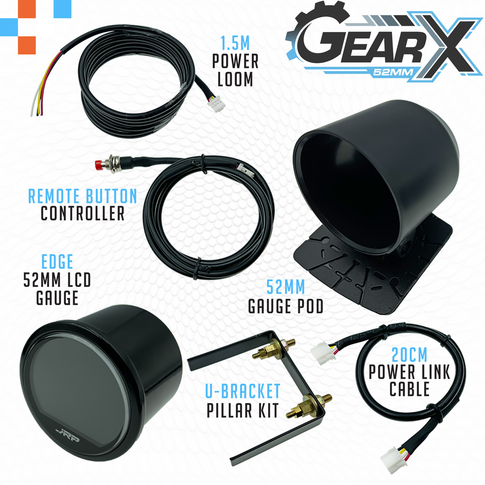The JRP GearX 52mm digital diesel boost gauge kit 0-60 psi, LCD colour examples & included accessories. High boost turbo Diesel 4x4 vehicles.