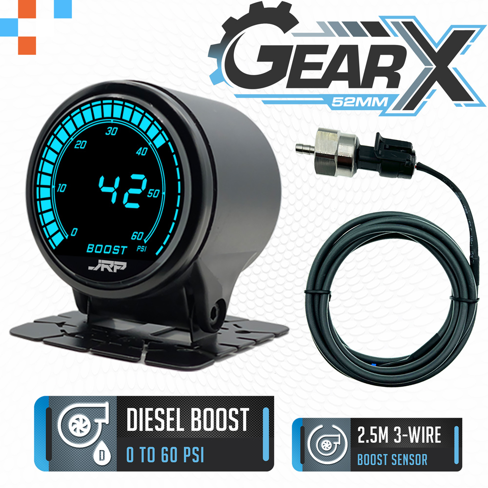 The JRP GearX 52mm digital diesel boost gauge kit 0-60 psi, LCD colour examples & included accessories. High boost turbo Diesel 4x4 vehicles.
