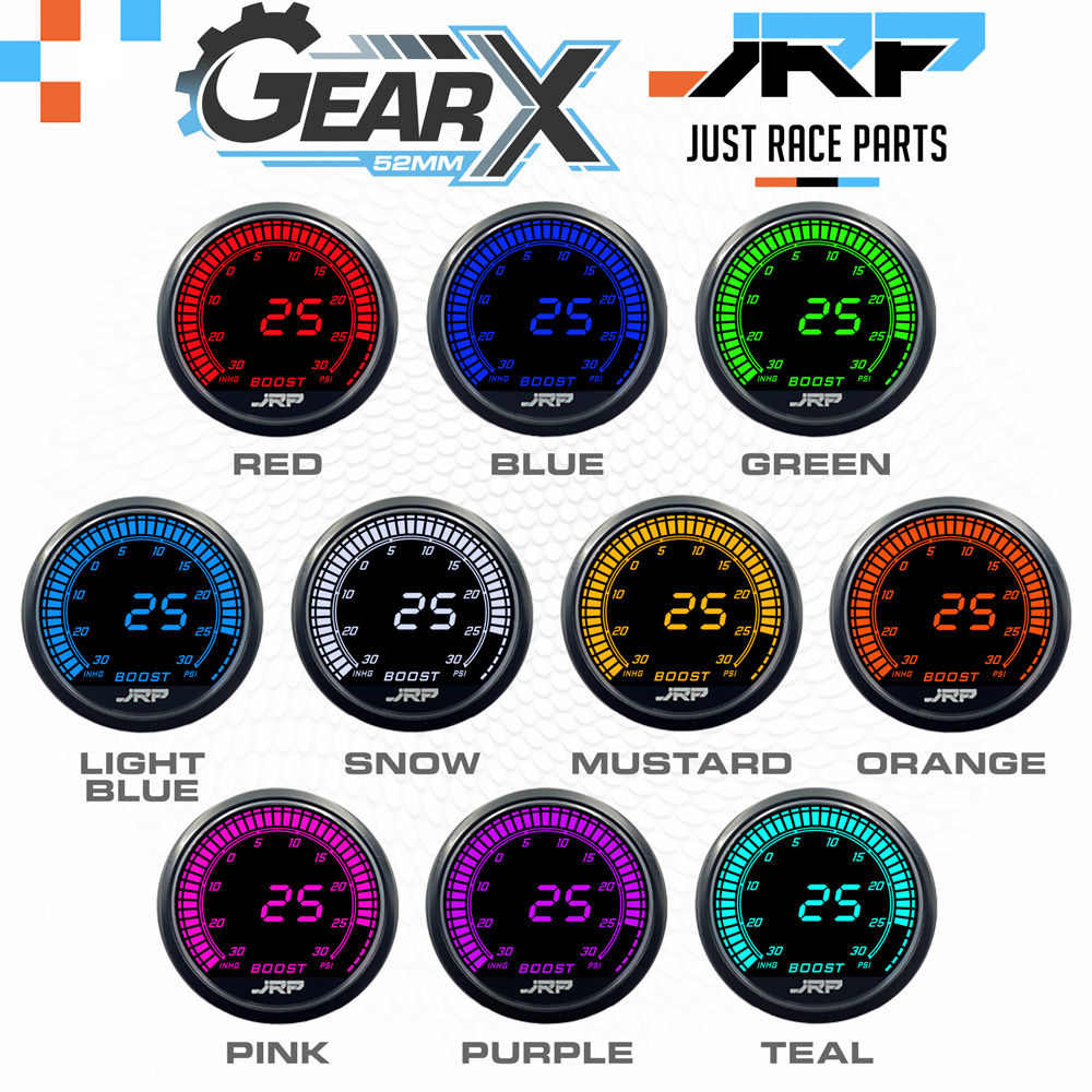 The JRP GearX 52mm digital boost gauge kit 30 psi, LCD colour examples & included accessories. Used on Turbo & Supercharged vehicles.