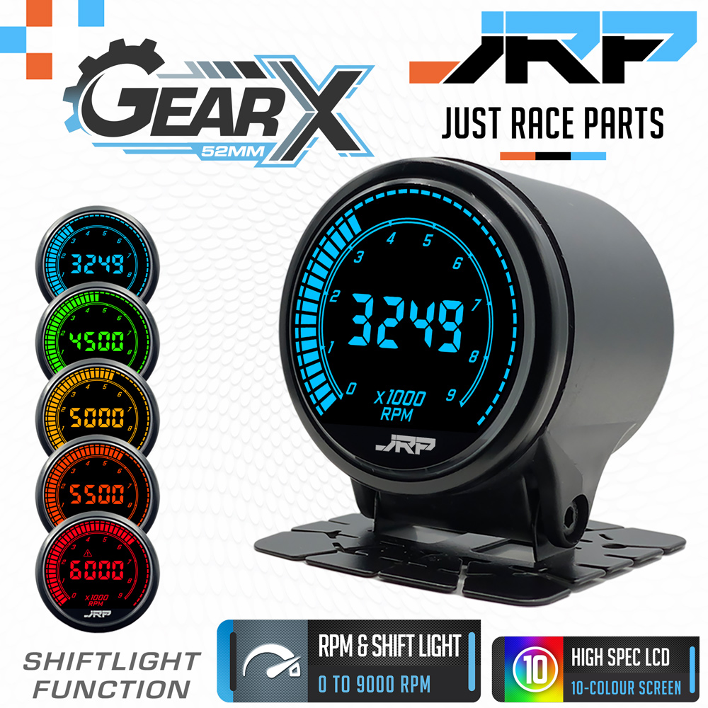 The JRP GearX 52mm 9000 RPM digital tachometer gauge & shift light combo. Examples of the 10-colour LCD screens plus included accessories.