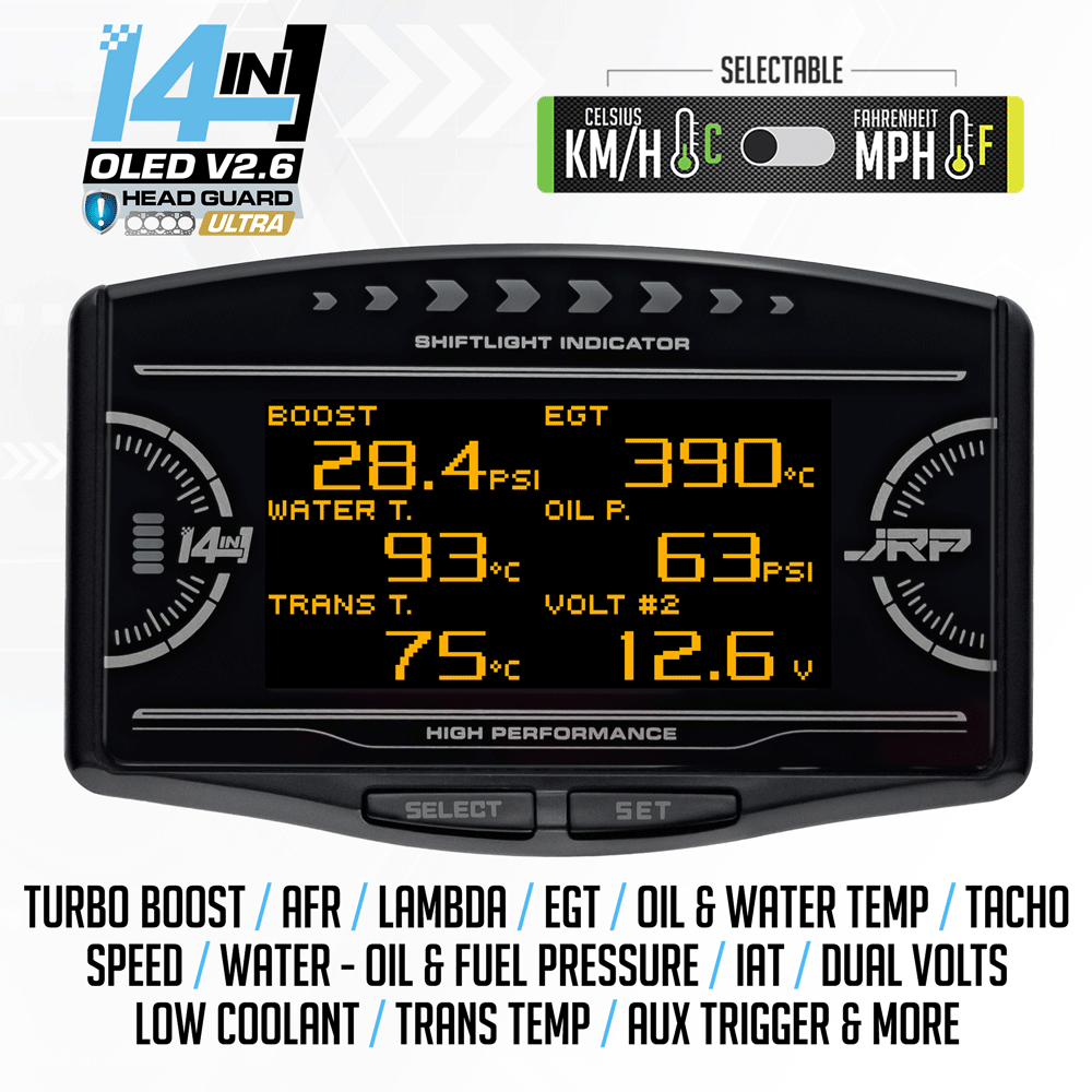 JRP 14in1 Multi Gauge Starter Kit for Diesel – Includes OLED Display, Control Unit, and Sensors: EGT, IAT, Water Temp, Oil Temp, and Oil Pressure