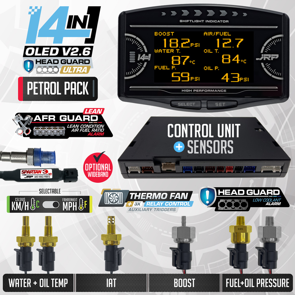 JRP 14in1 Multi Gauge Starter Kit for Petrol & E85 – Includes OLED Display, Control Unit, and Sensors: Boost, Oil Temp, Water Temp, Fuel & Oil Pressure, IAT.